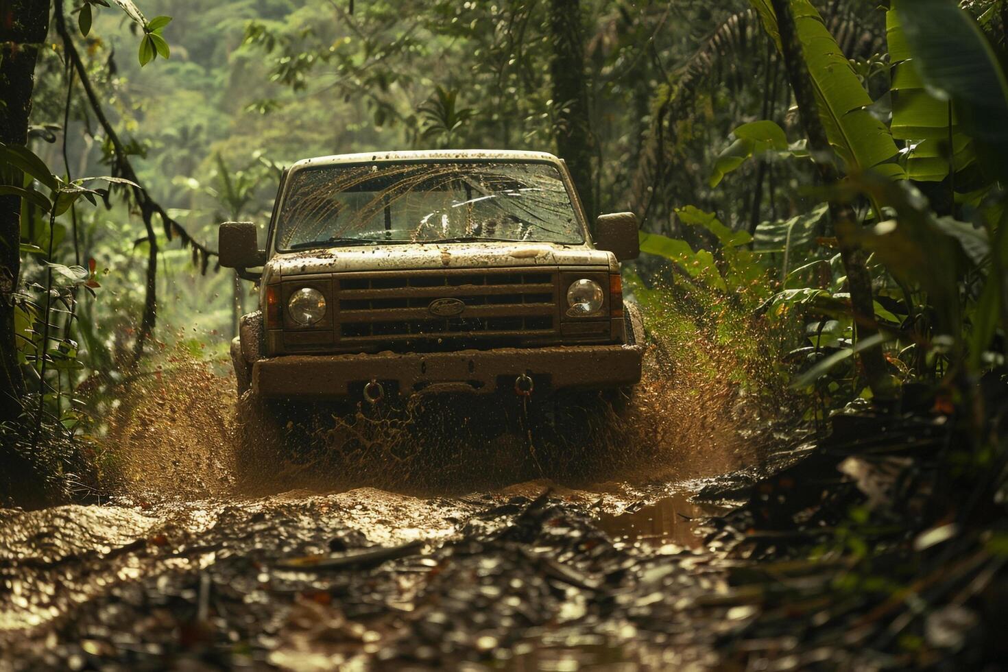 Full Size Truck Driving Through Muddy Rainforest Trail with Dense Vegetation nature background photo