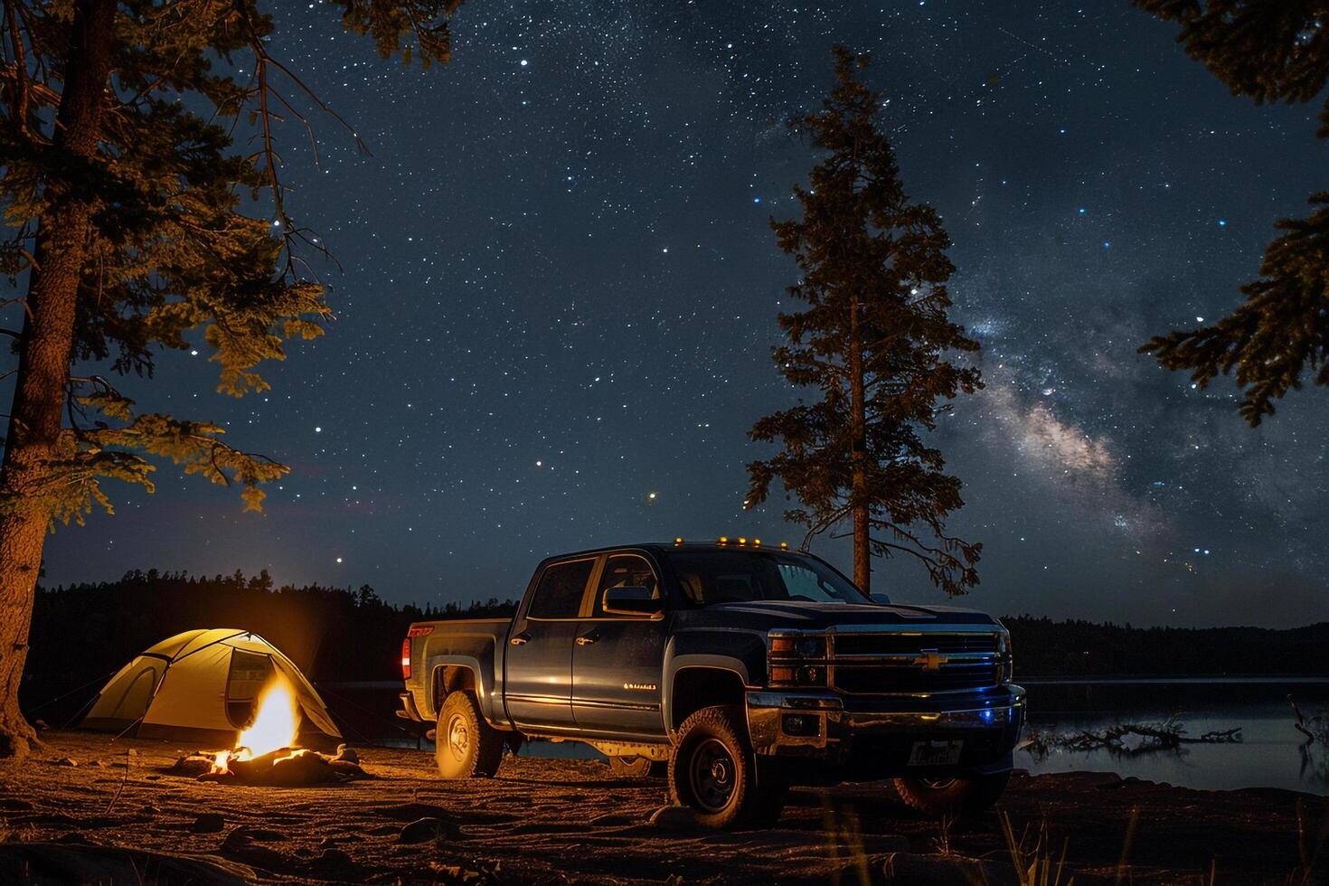Compact Truck at Lakeside Campground with Tent and Campfire Under Starry Sky nature background photo
