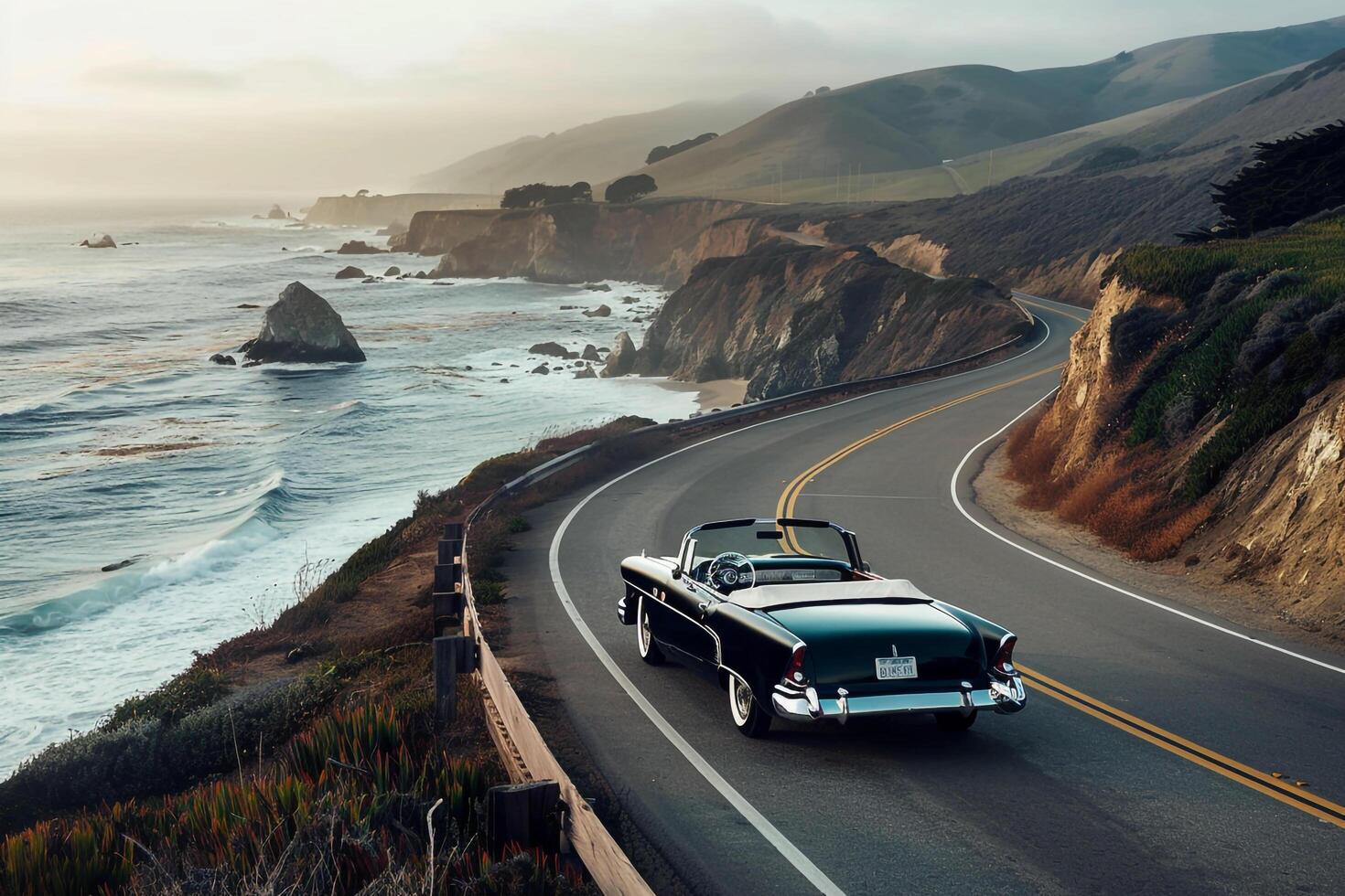 Classic Convertible Cruising Along Coastal Road with Ocean and Cliffs Background photo