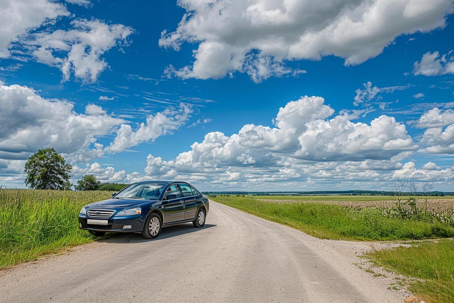 Compact Sedan on Scenic Country Road with Green Fields and Blue Sky Background in Nature photo