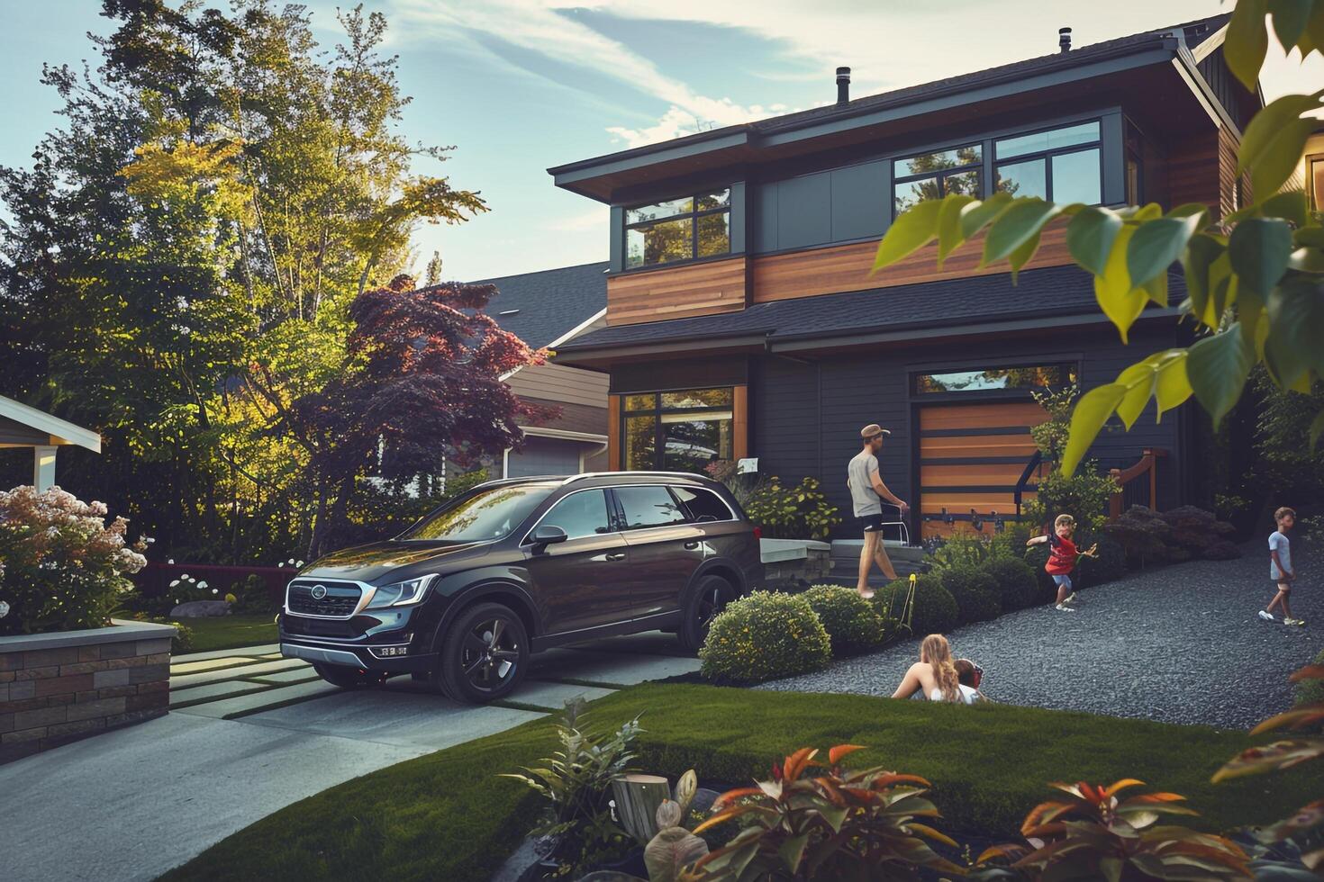 Mid Size Wagon Parked Outside Suburban Home Background of Well Maintained Garden and Kids Playing in Nature photo