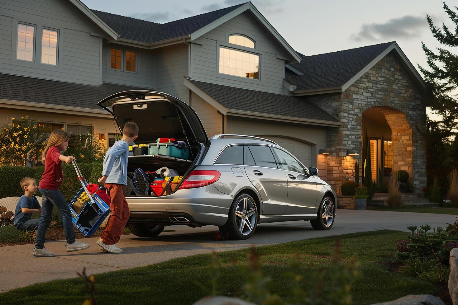 Family Day in Suburban Driveway Hybrid Car with Kids Playing Against nature background photo