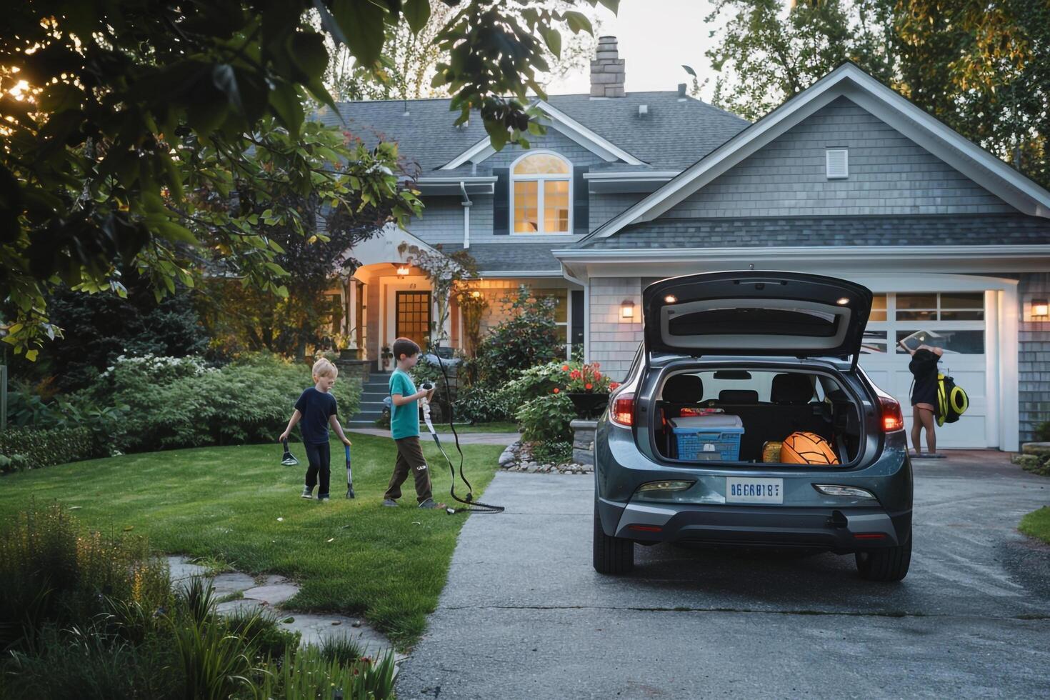 Hybrid Car in Suburban Driveway with Family and Sports Equipment Background in Nature photo
