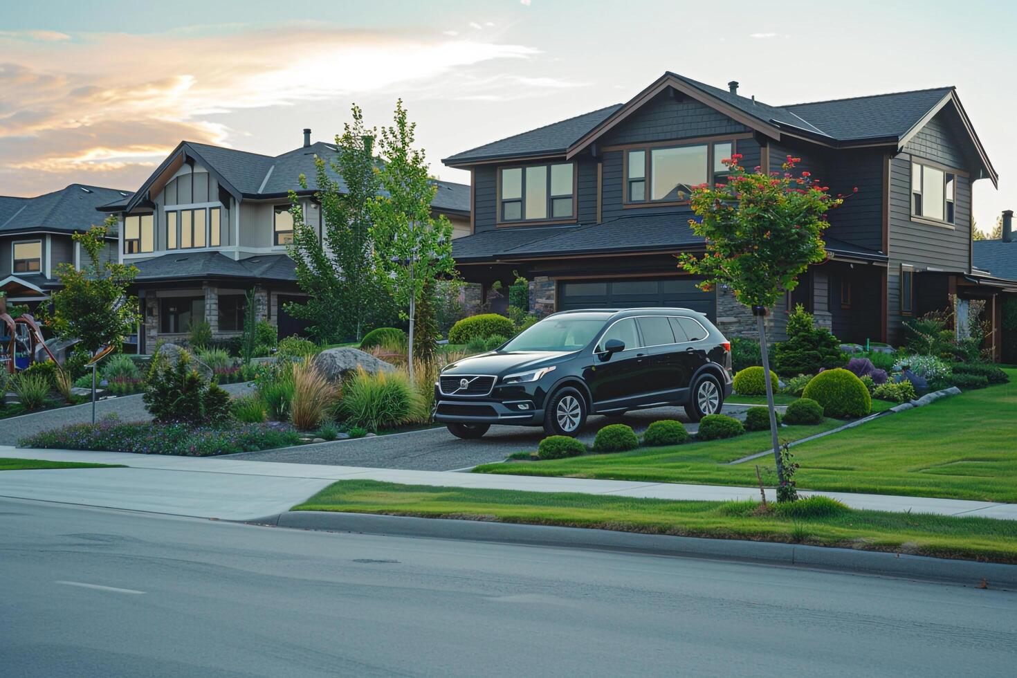 Mid Size Wagon Parked Outside Modern Suburban Home Background of Nature with Well Maintained Garden photo