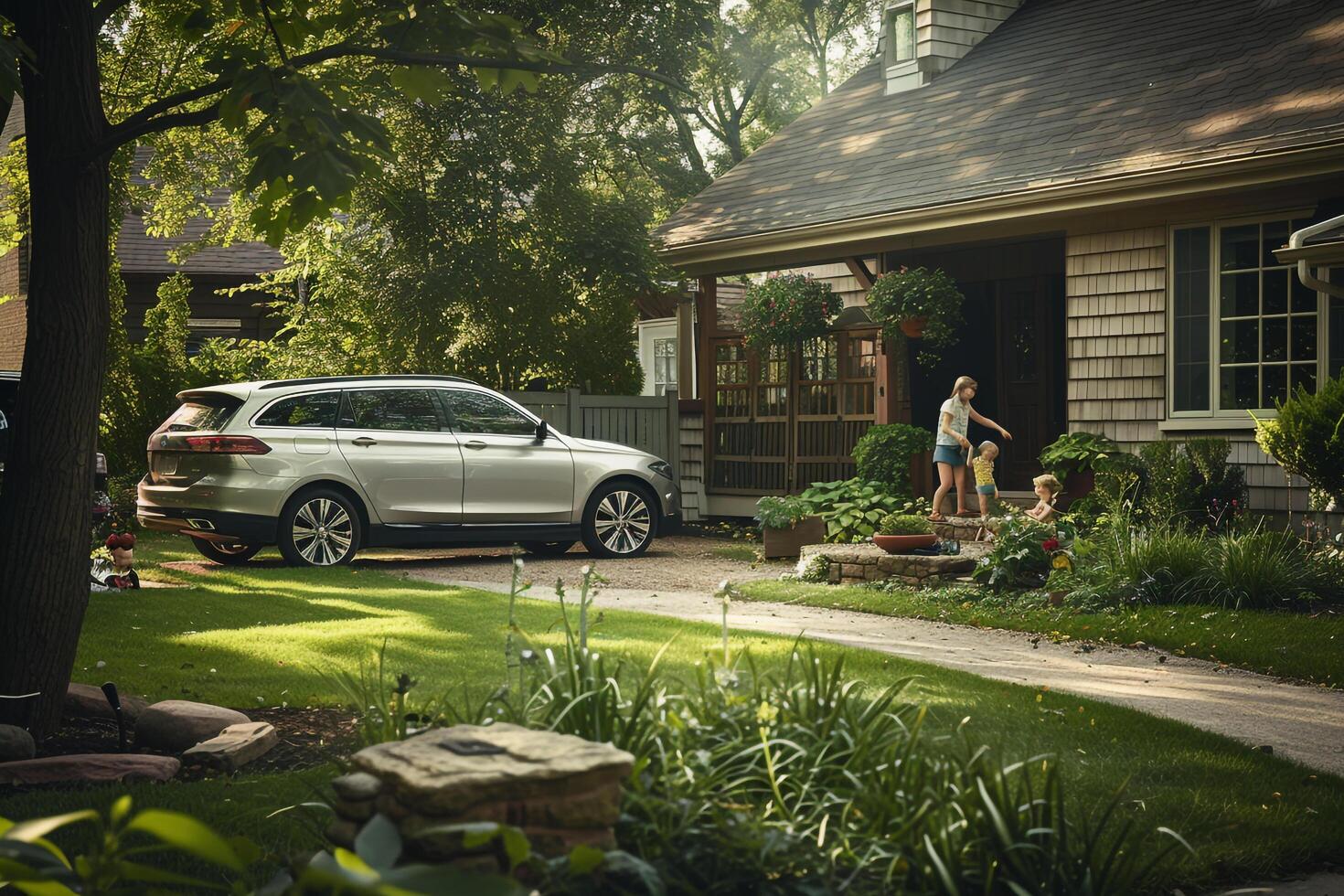 Mid Size Wagon Parked Outside Suburban Home Background of Well Maintained Garden and Kids Playing in Nature photo