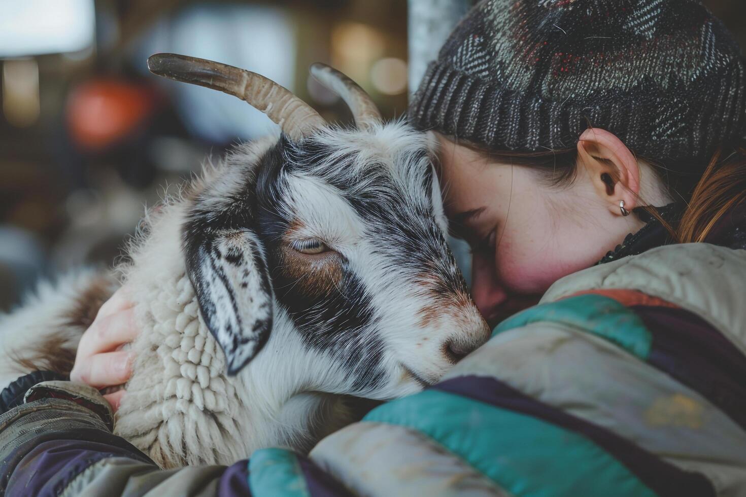 rescued goat snuggling with volunteer in peaceful barn the goats gentle bleats echoing the bond between human and animal photo