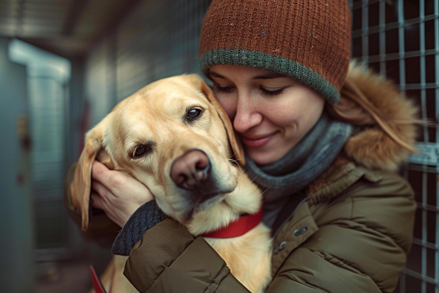 Hopeful volunteers comforting rescued Labrador Retriever at shelter reassuring the dog with gentle pats and  words photo