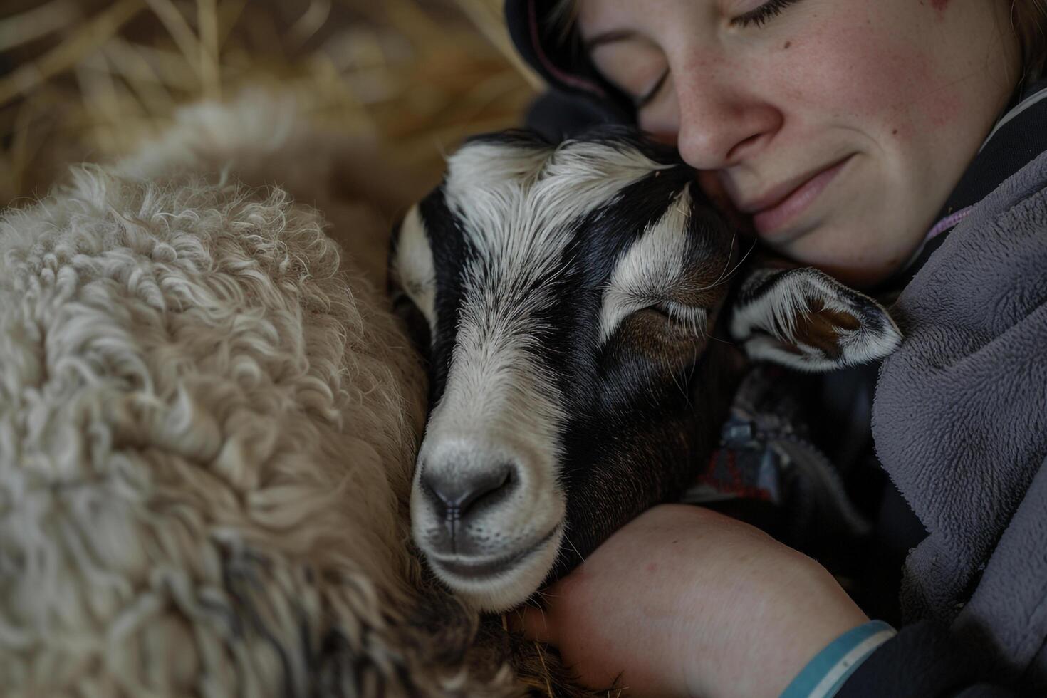 rescued goat snuggling with volunteer in peaceful barn the goats gentle bleats echoing the bond between human and animal photo