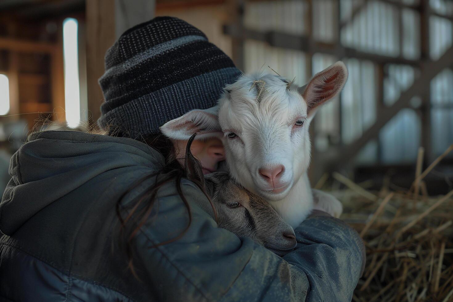 rescued goat snuggling with volunteer in peaceful barn the goats gentle bleats echoing the bond between human and animal photo