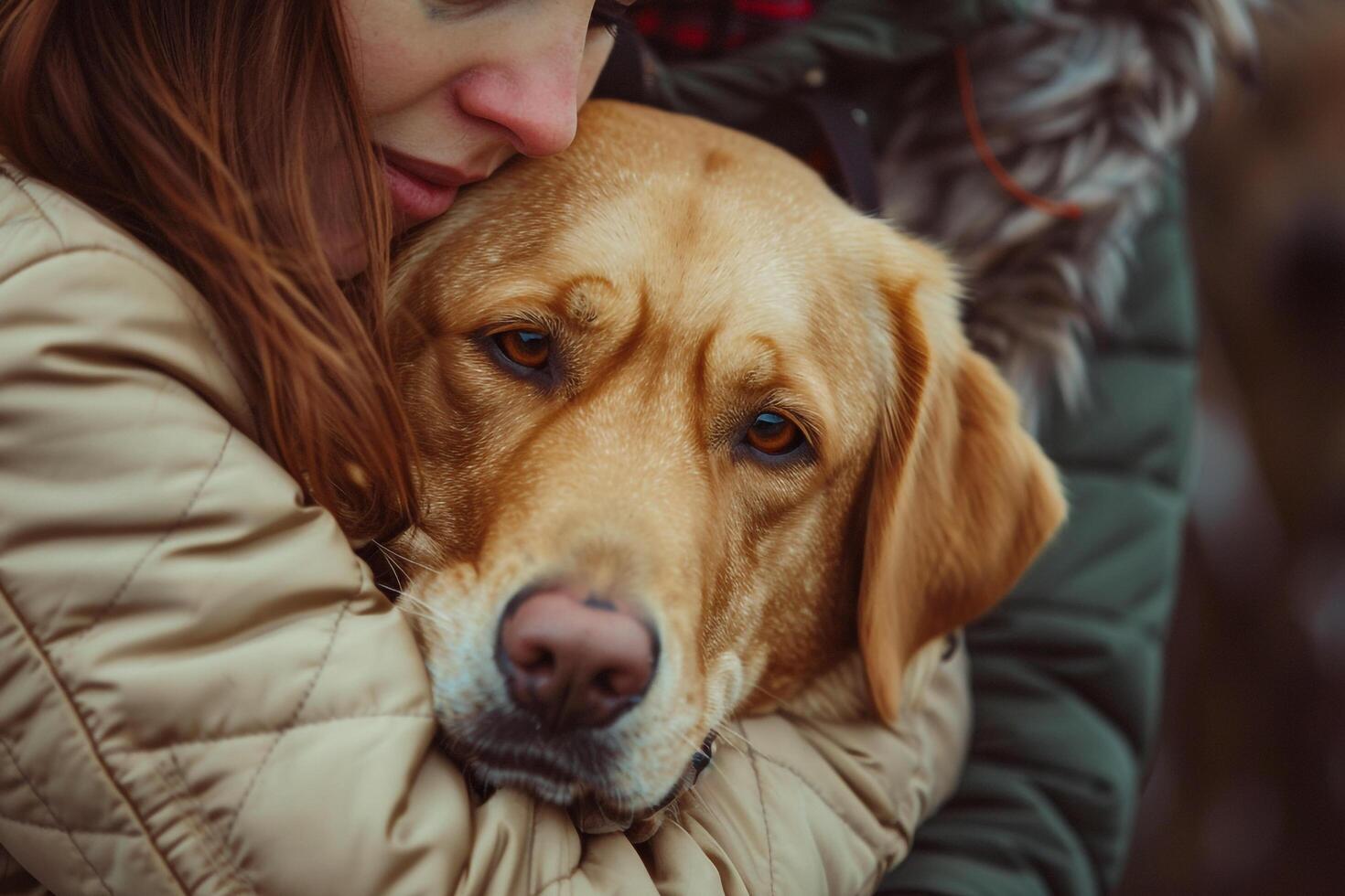 Hopeful volunteers comforting rescued Labrador Retriever at shelter reassuring the dog with gentle pats and  words photo