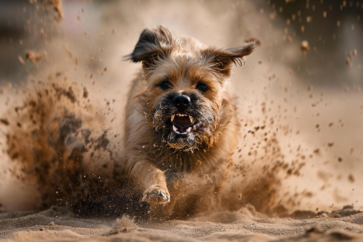 Dog Play Spirited Border Terrier Digging in Sandy Playground with Background photo