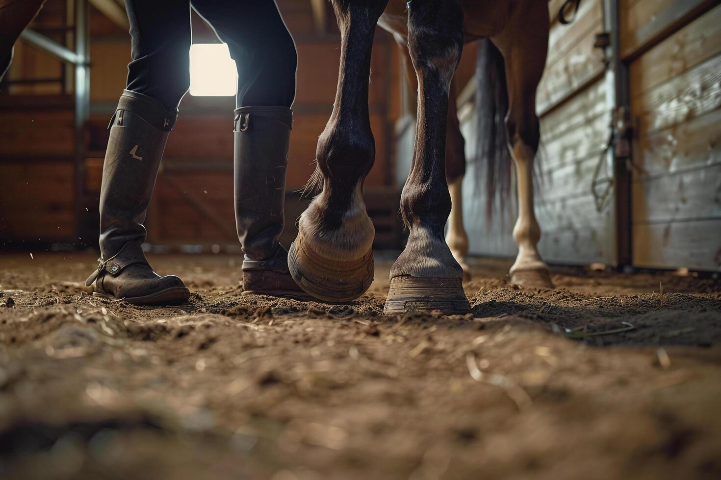 Horse Grooming Attentive Groomer Inspecting Hooves with Background photo