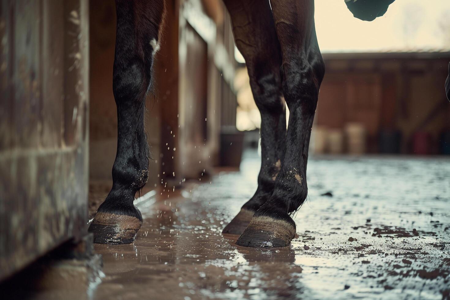 Horse Grooming Attentive Groomer Inspecting Hooves with Background photo