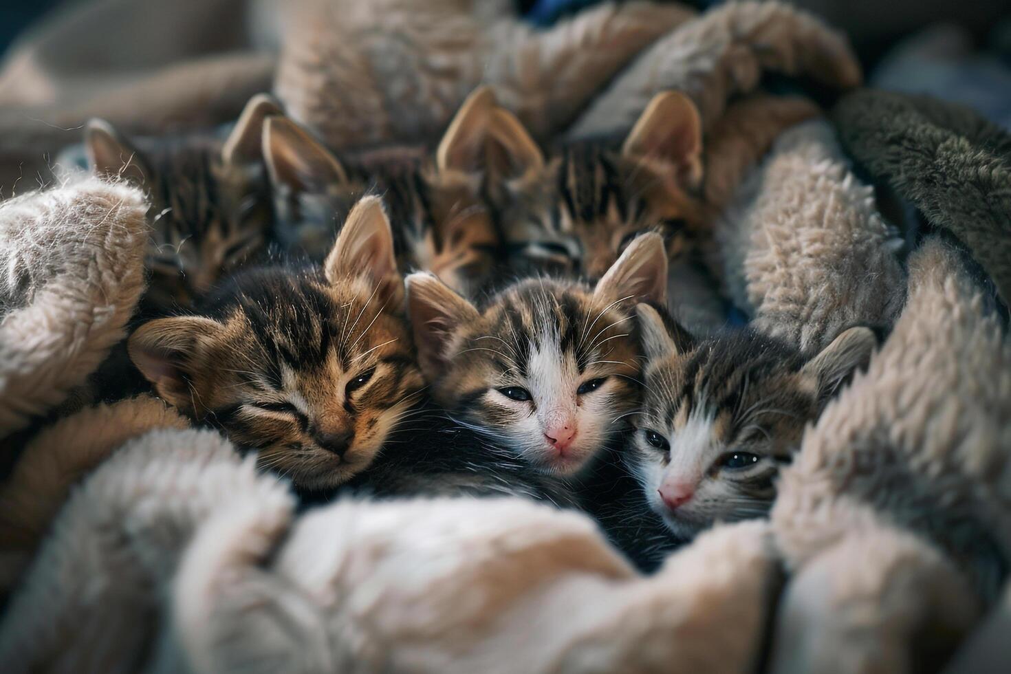 Kittens cuddling together in rescue shelter waiting for adoption surrounded by blankets photo