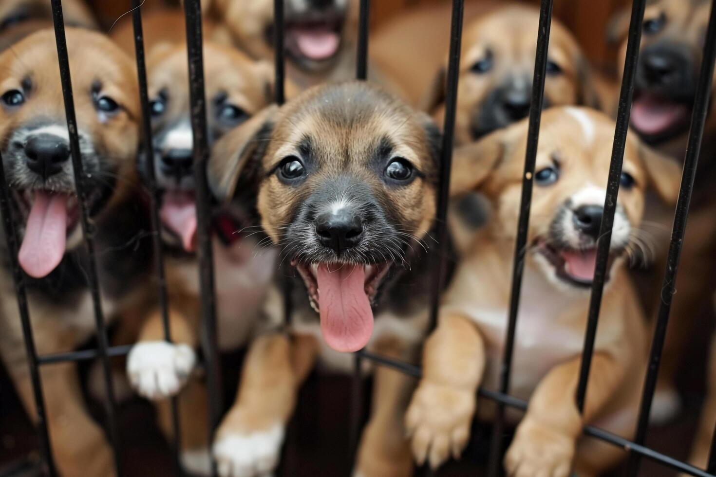 litter of puppies playing with chew toys in playpen at an animal shelter tails wagging with joy photo