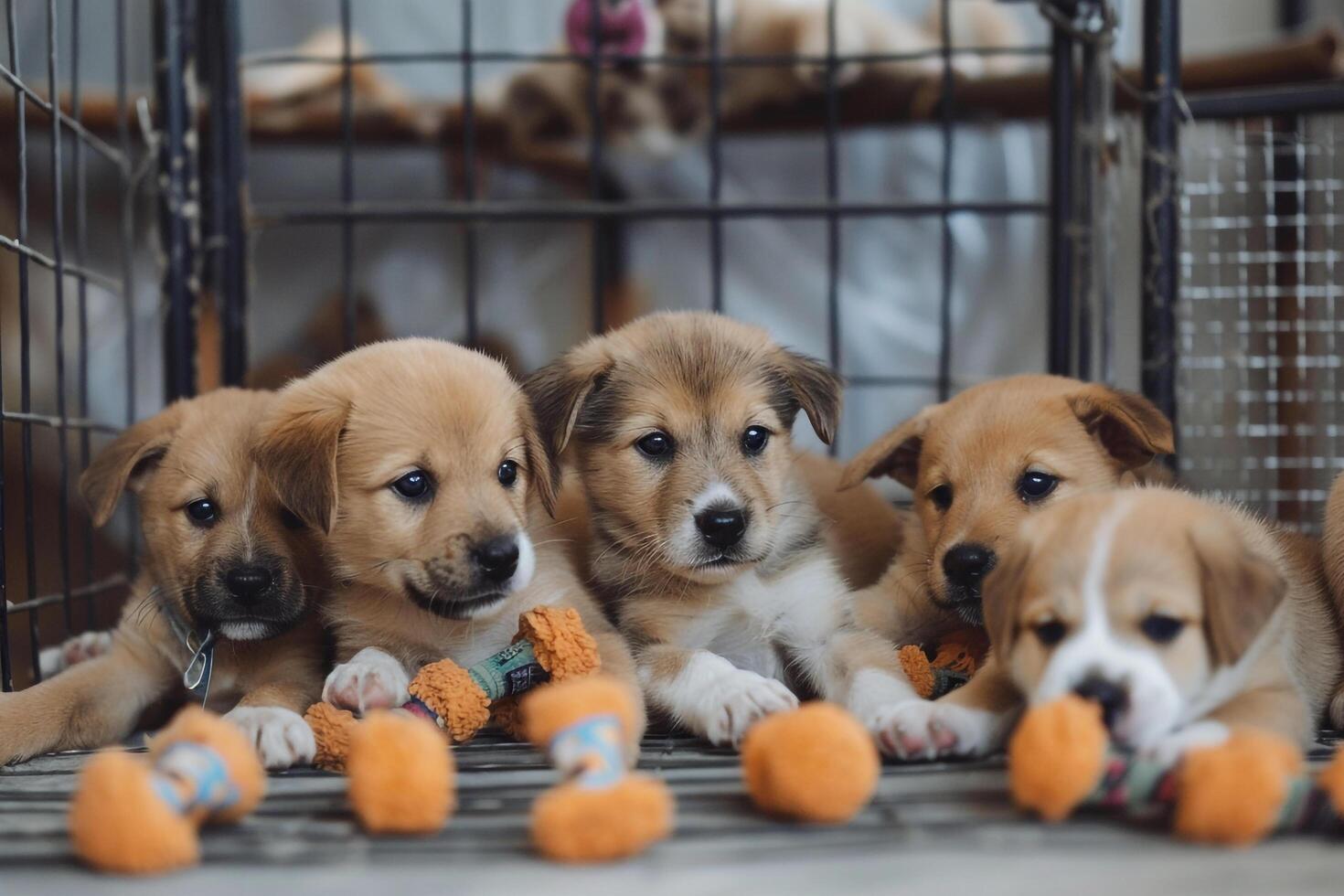 litter of puppies playing with chew toys in playpen at an animal shelter tails wagging with joy photo