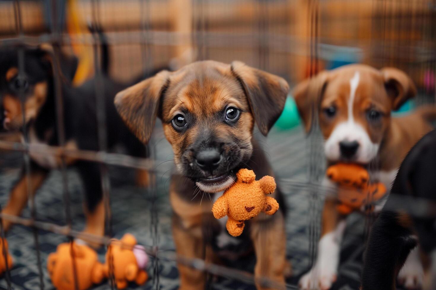 group of puppies playing with chew toys in playpen at rescue shelter tails wagging with joy photo