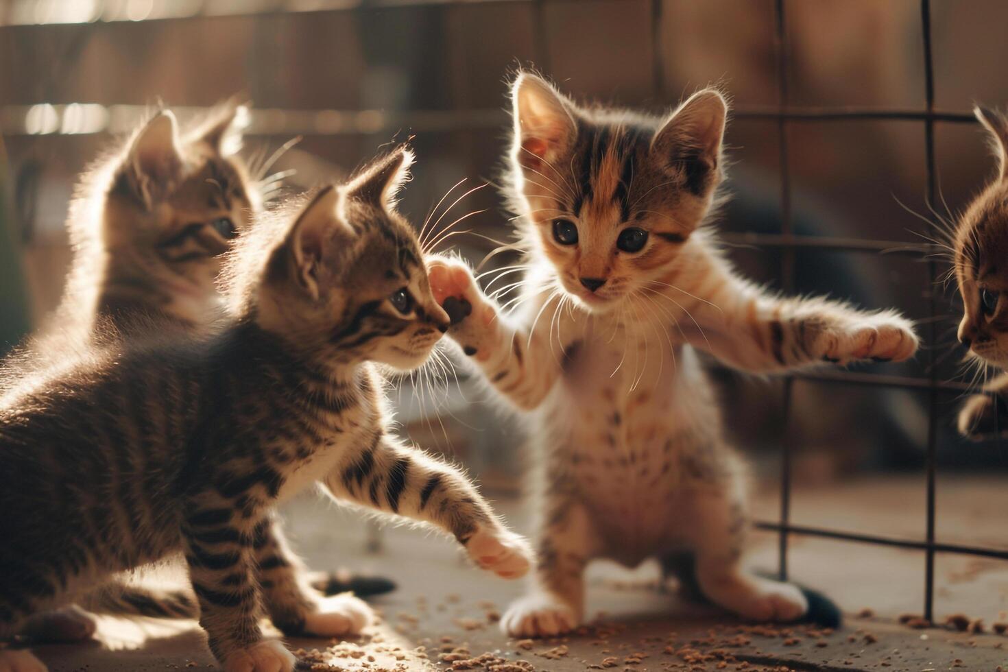 group of kittens playing with each other in rescue shelter paws batting and tails twitching photo