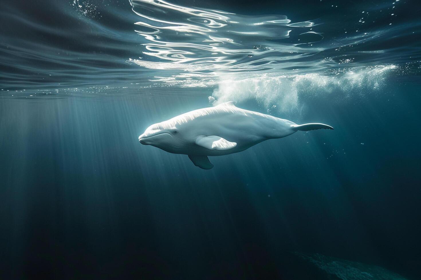 Belugwhale gliding gracefully through the clear icy waters of the Arctic Ocean with sunlight filtering through the water surface photo