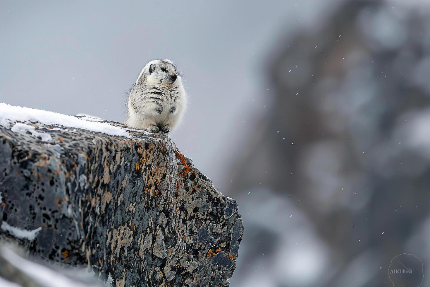 Vigilant Lemming perched on rocky outcrop surveying the expansive Arctic terrain under the harsh Arctic daylight background photo