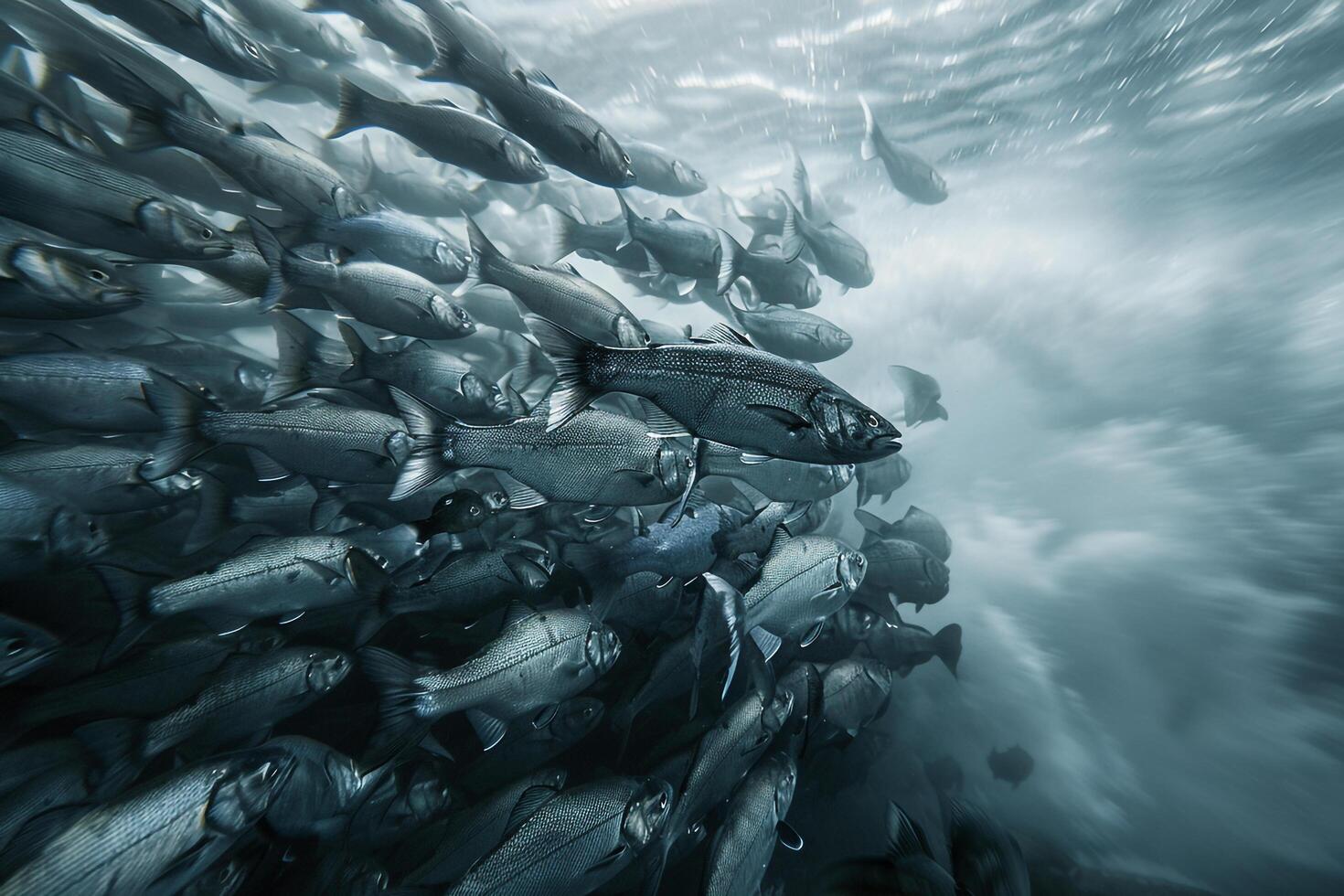 Stoic Arctic Cod school moving in synchronized motion through icy Arctic waters their silvery scales reflecting the polar light background photo