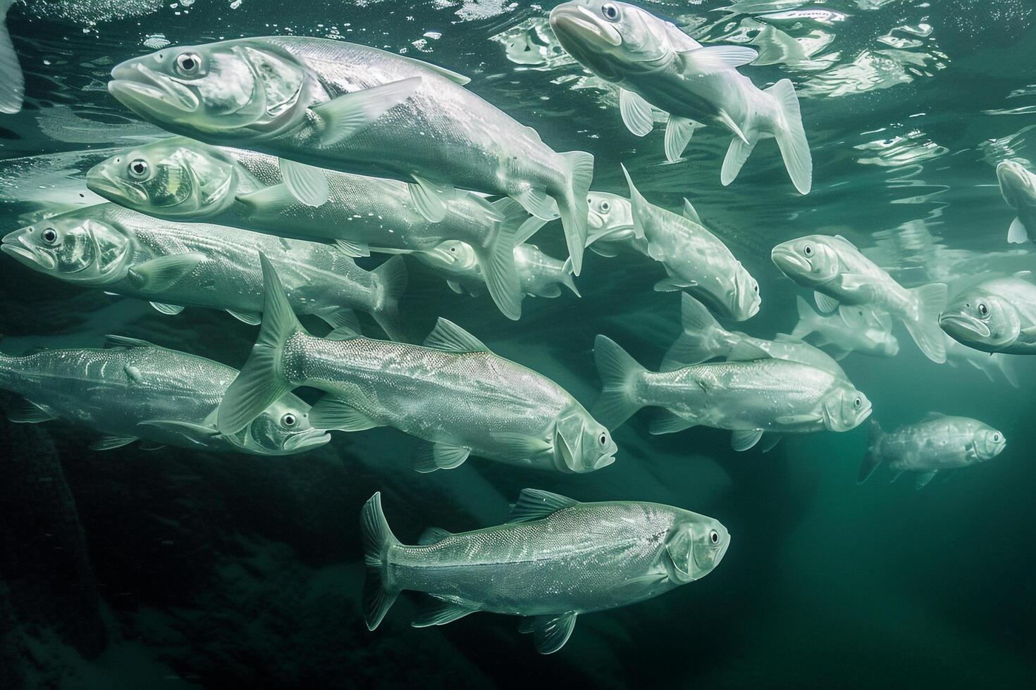 Stoic Arctic Cod swimming in synchronized school beneath the Arctic seice their silver bodies shimmering in the dim polar light background photo