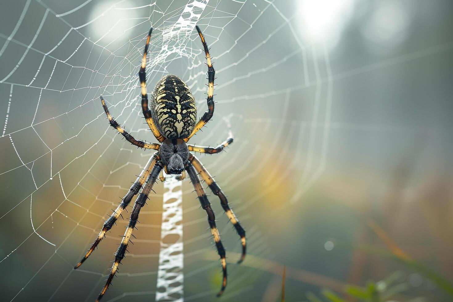 Dramatic Conceptual Nature of spider weaving its intricate web in the early morning mist with misty background photo