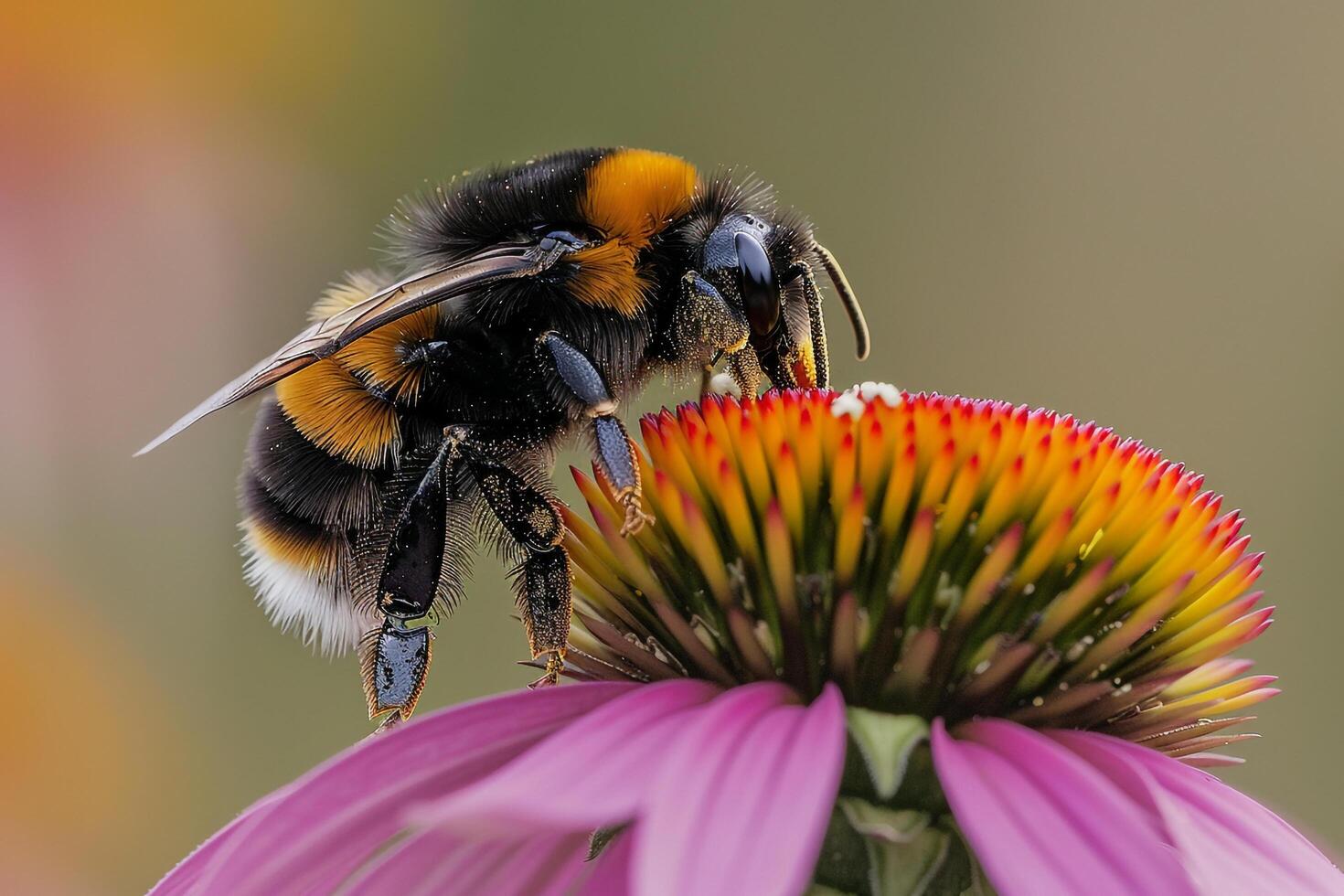 Nature of bumblebee collecting pollen from the heart of vibrant purple echinaceflower against floral background photo