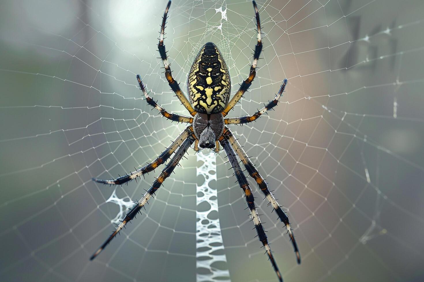 Dramatic Conceptual Nature of spider weaving its intricate web in the early morning mist with misty background photo