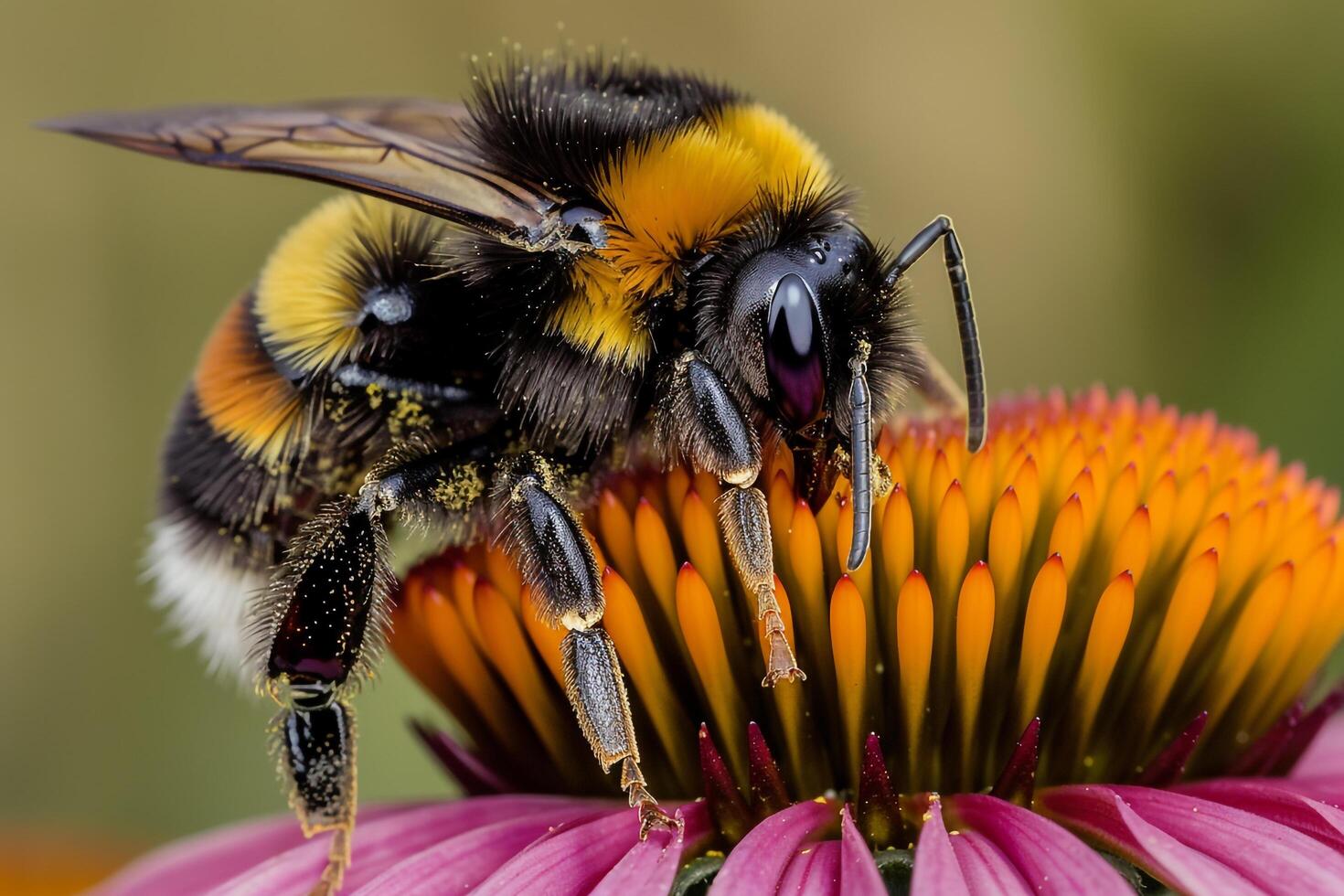 Nature of bumblebee collecting pollen from the heart of vibrant purple echinaceflower against floral background photo