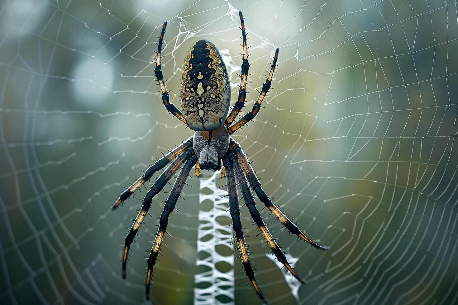 Dramatic Conceptual Nature of spider weaving its intricate web in the early morning mist with misty background photo