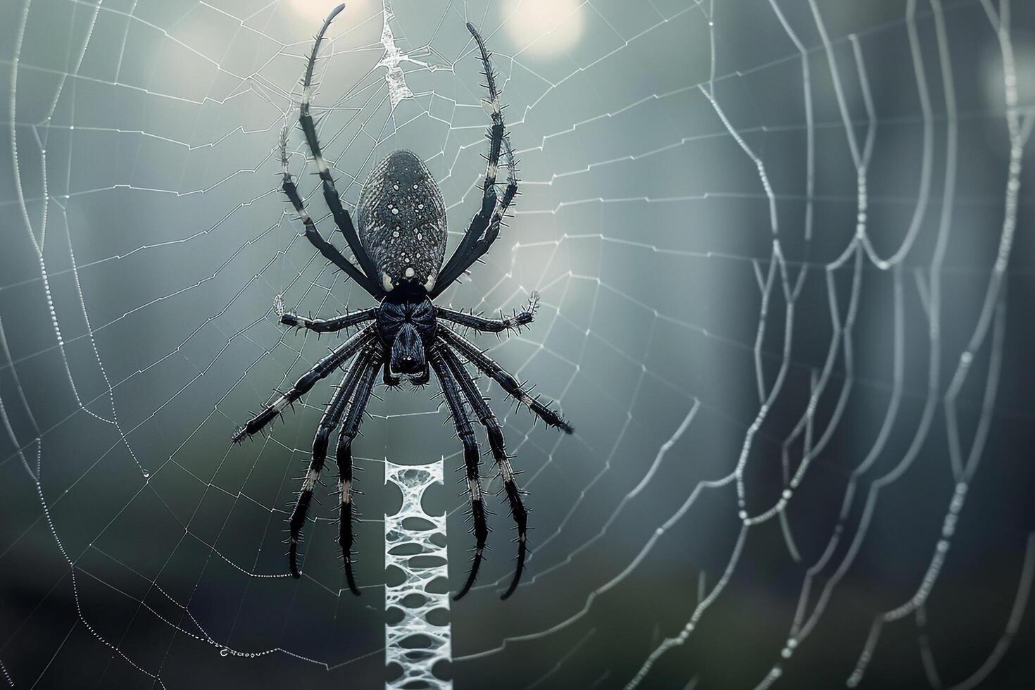 Dramatic Conceptual Nature of spider weaving its intricate web in the early morning mist with misty background photo