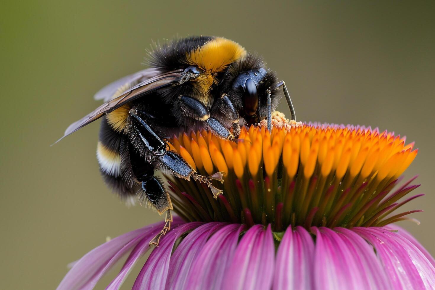 Nature of bumblebee collecting pollen from the heart of vibrant purple echinaceflower against floral background photo