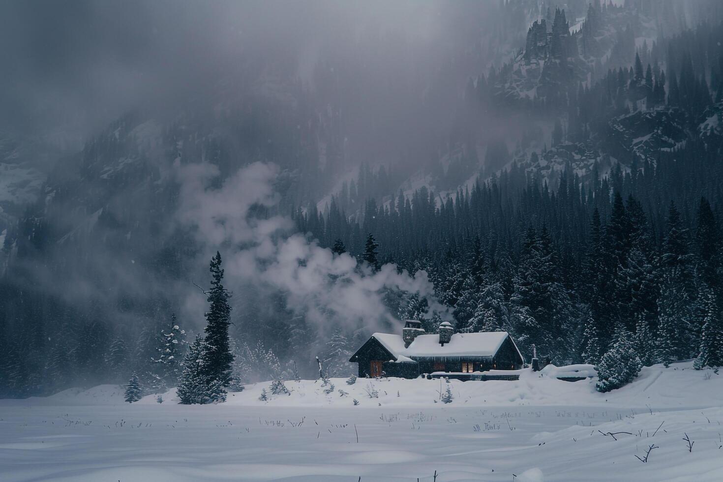 Dramatic Conceptual Nature of snowstorm enveloping mountain lodge with smoke rising from the chimney against snowy background photo
