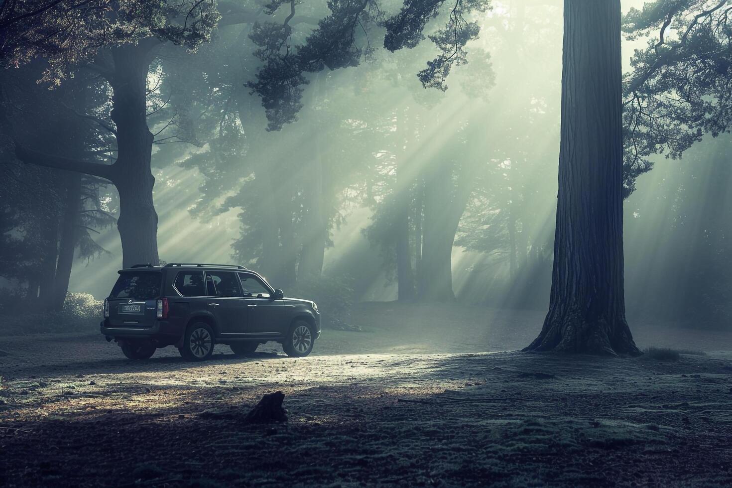 SUV parked in misty forest clearing with  sunlight filtering through trees against misty background photo