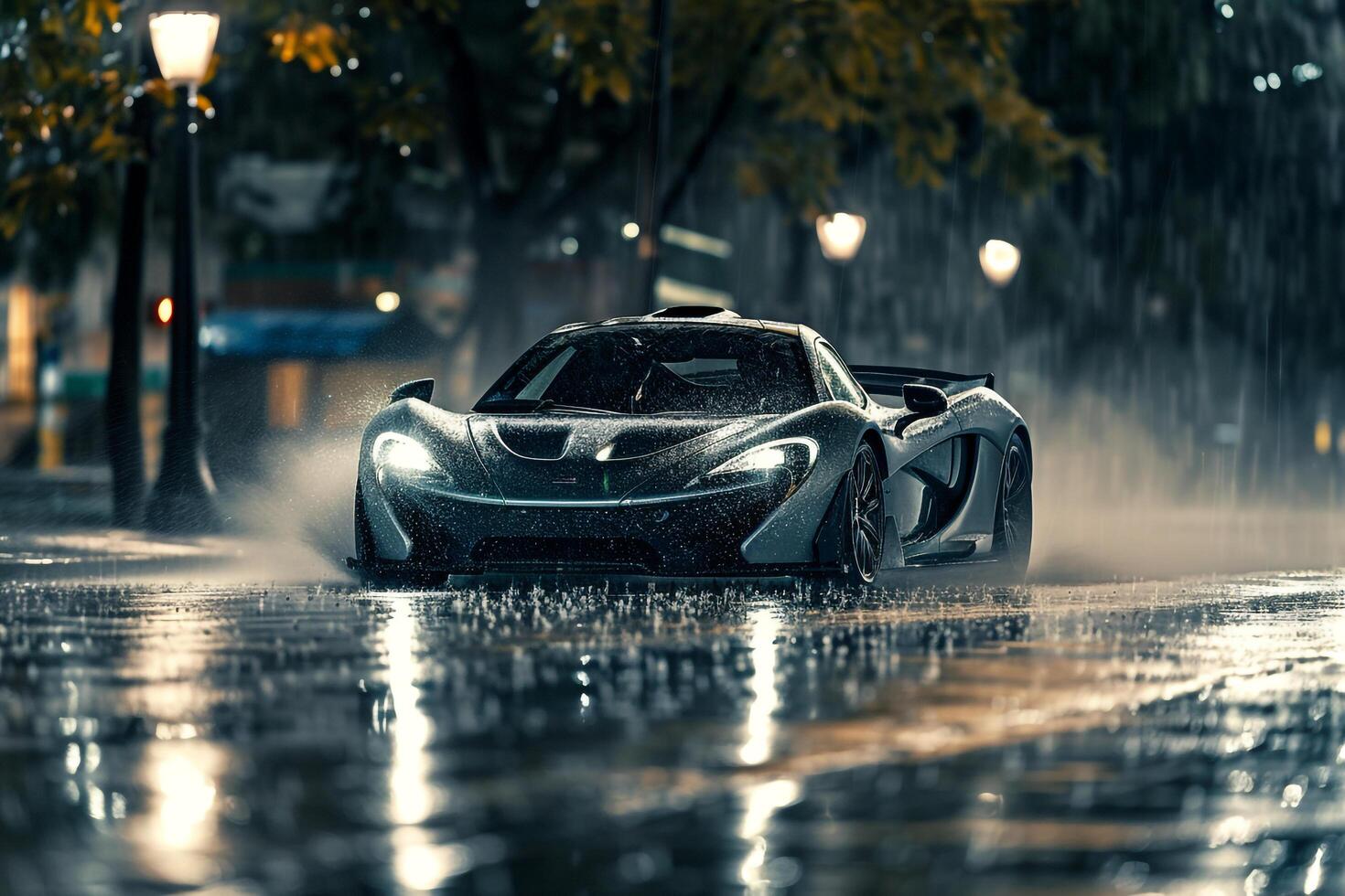 Sports car skidding on wet pavement during heavy rainstorm with dramatic background photo