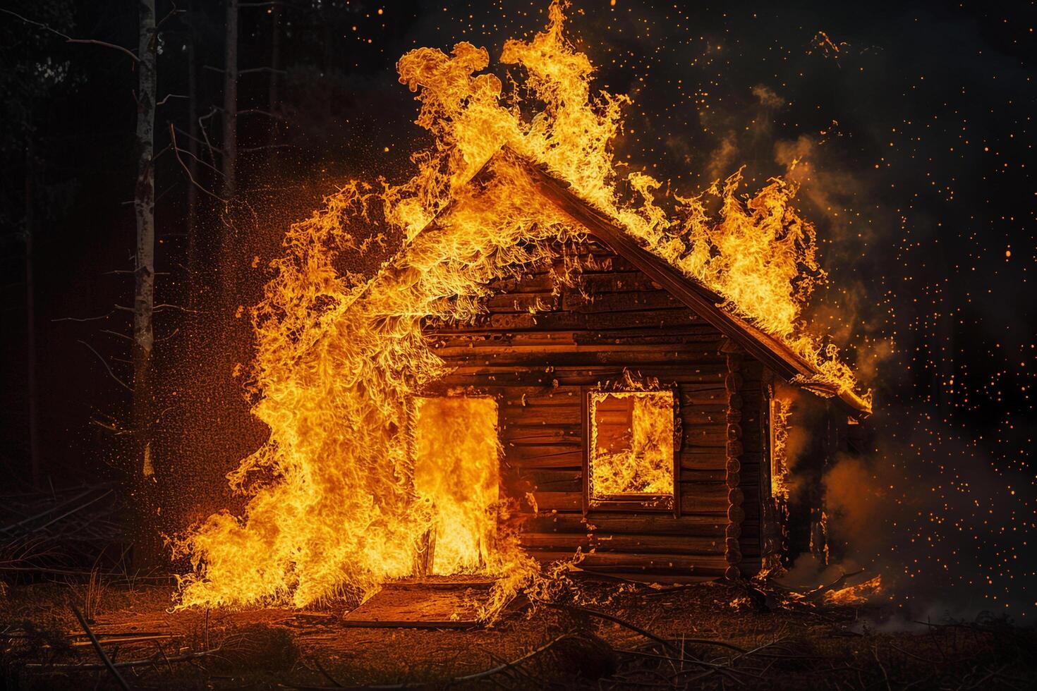 Flames engulfing wooden cabin during controlled fire safety exercise with dramatic background photo