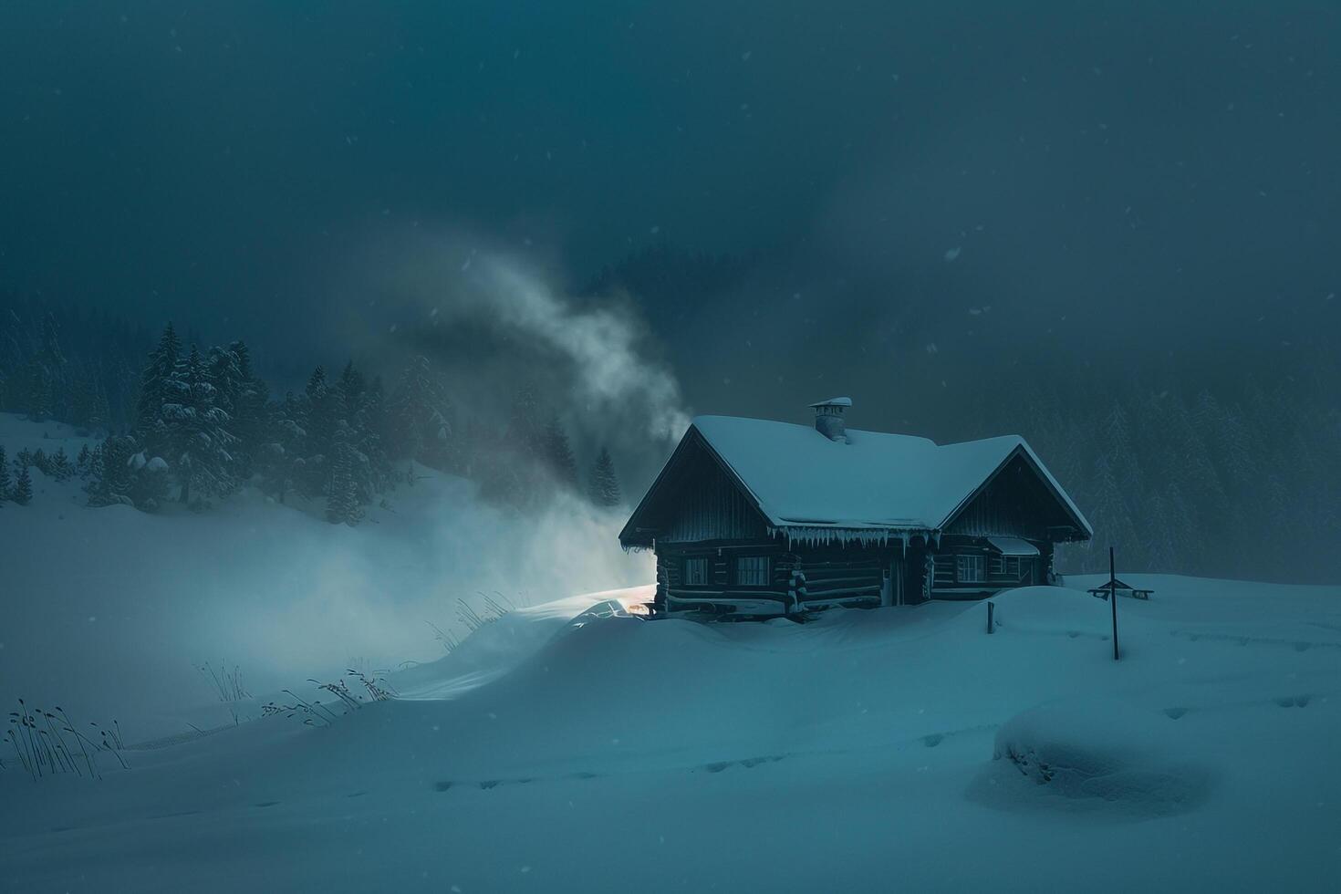 Snowstorm Swirling Around Solitary Cabin in Wintry Landscape nature background photo