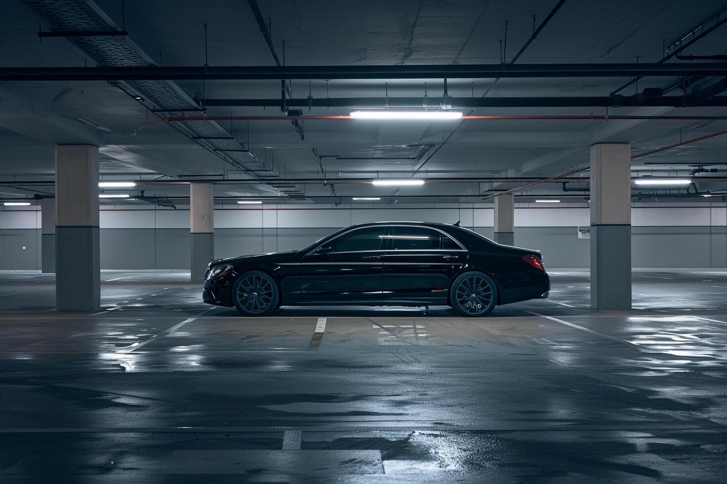 Suspense Luxury Car Parked in an Empty Underground Parking Garage with Dramatic Lighting and Shadows nature background photo