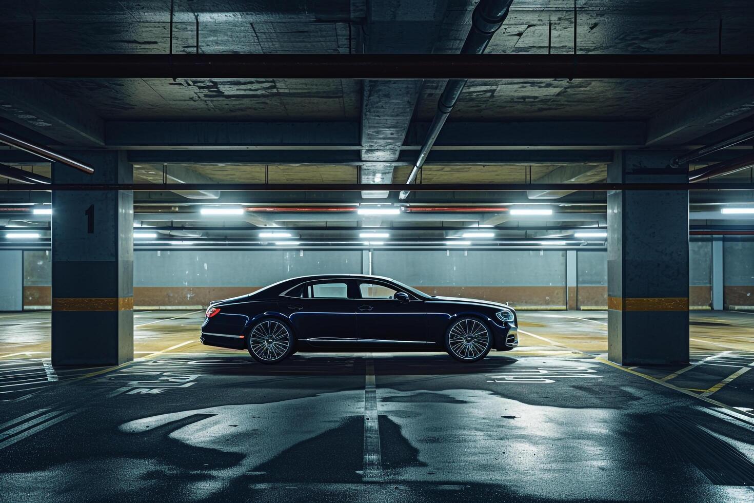 Suspense Luxury Car Parked in an Empty Underground Parking Garage with Dramatic Lighting and Shadows nature background photo