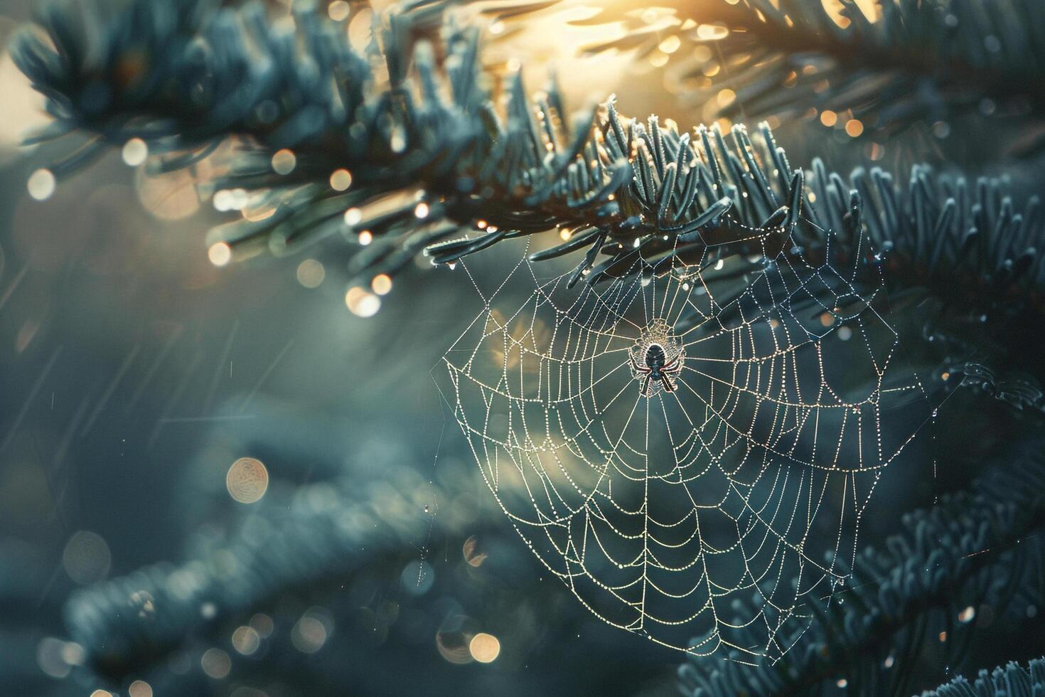 Spider Weaving Its Intricate Web Among the Branches of DewCovered Tree Morning Sunlight Highlighting Silk Threads and nature background photo