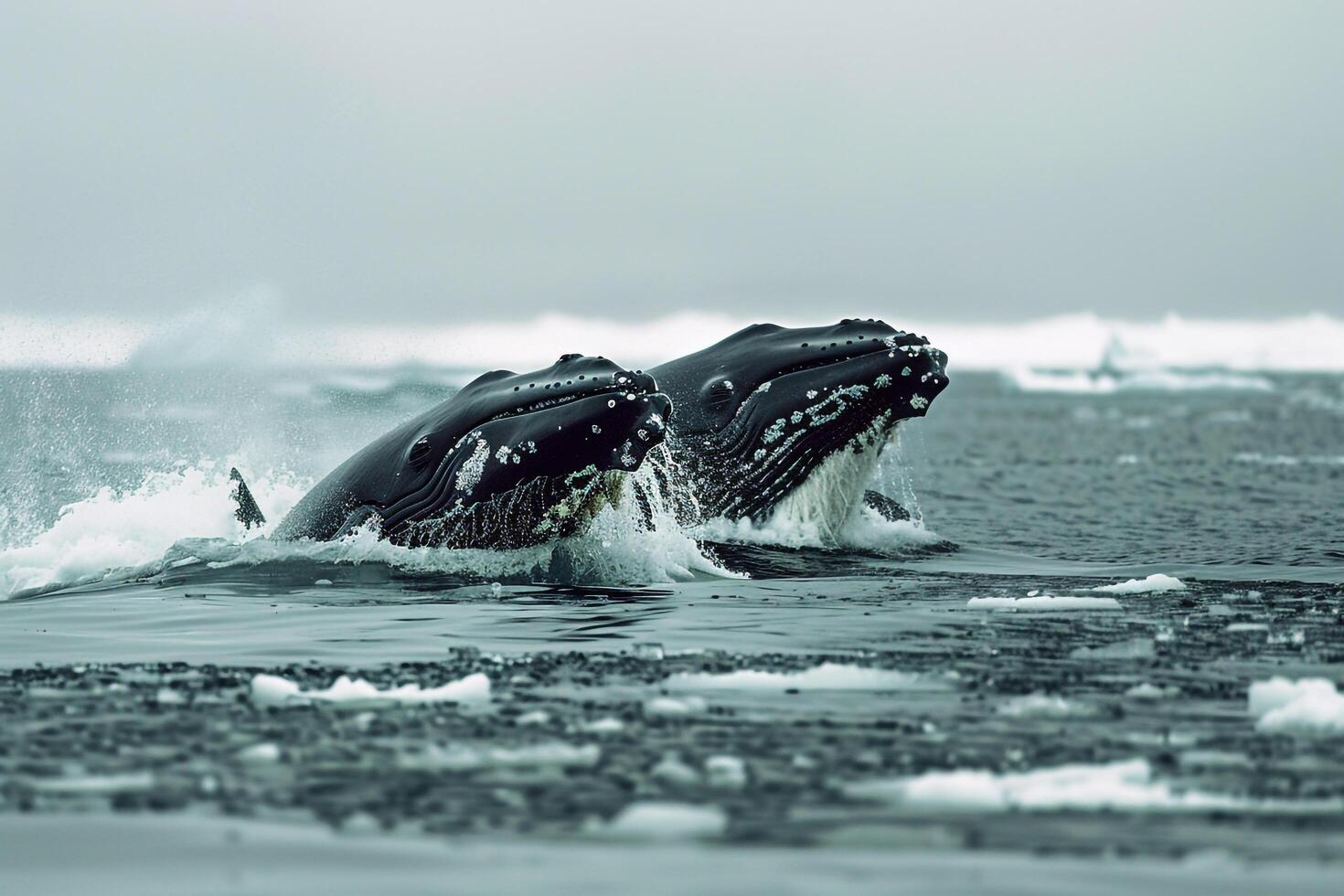 Bowhead Whales Breaching in the Frigid Arctic Waters with Expansive Pack Ice Stretching to the Horizon nature background photo