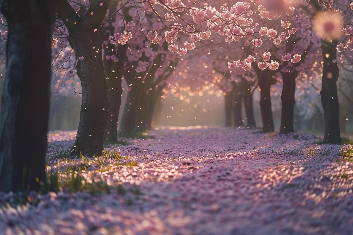 Enchanting Grove of Cherry Trees with Pink Blossoms and Fallen Petals nature background photo
