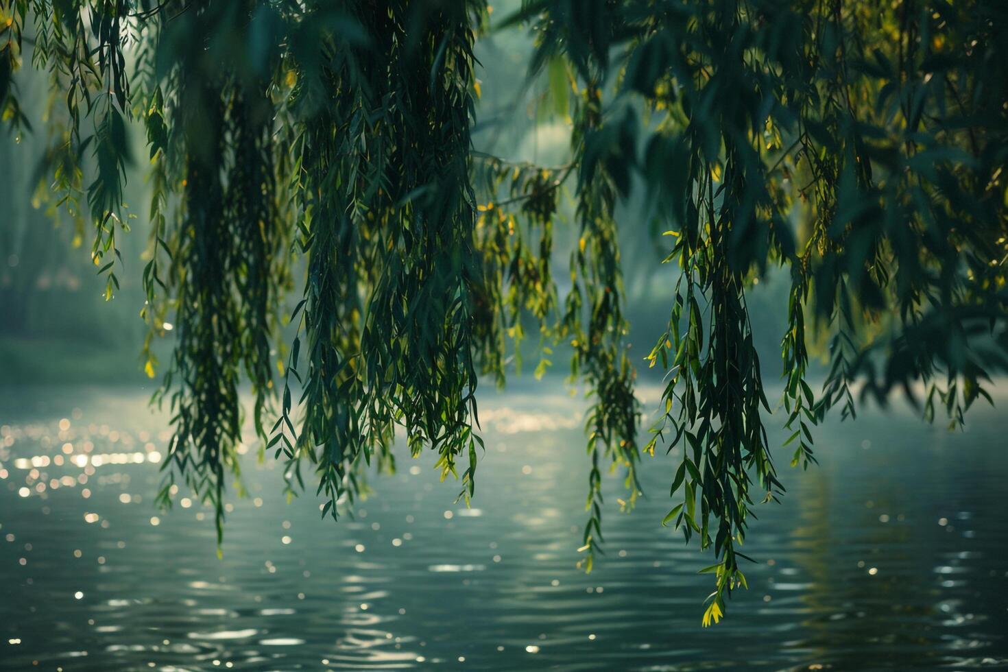 A peaceful riverside with willow trees their long leaves dipping into the water nature background photo
