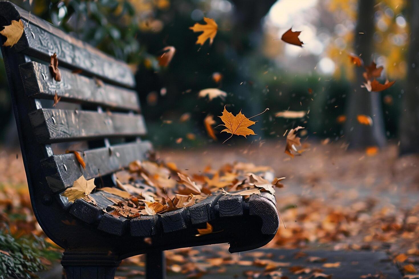 A peaceful autumn  with leaves gently falling around wooden bench nature background photo