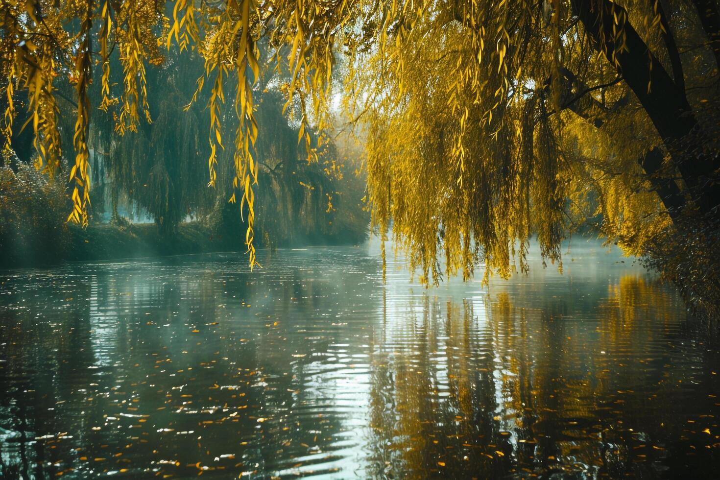 A peaceful riverside with willow trees their long leaves dipping into the water nature background photo