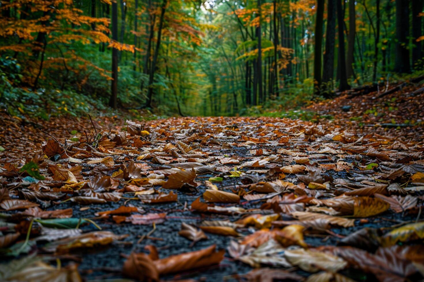 An enchanting forest path covered in fallen leaves of various shapes and colors nature background photo