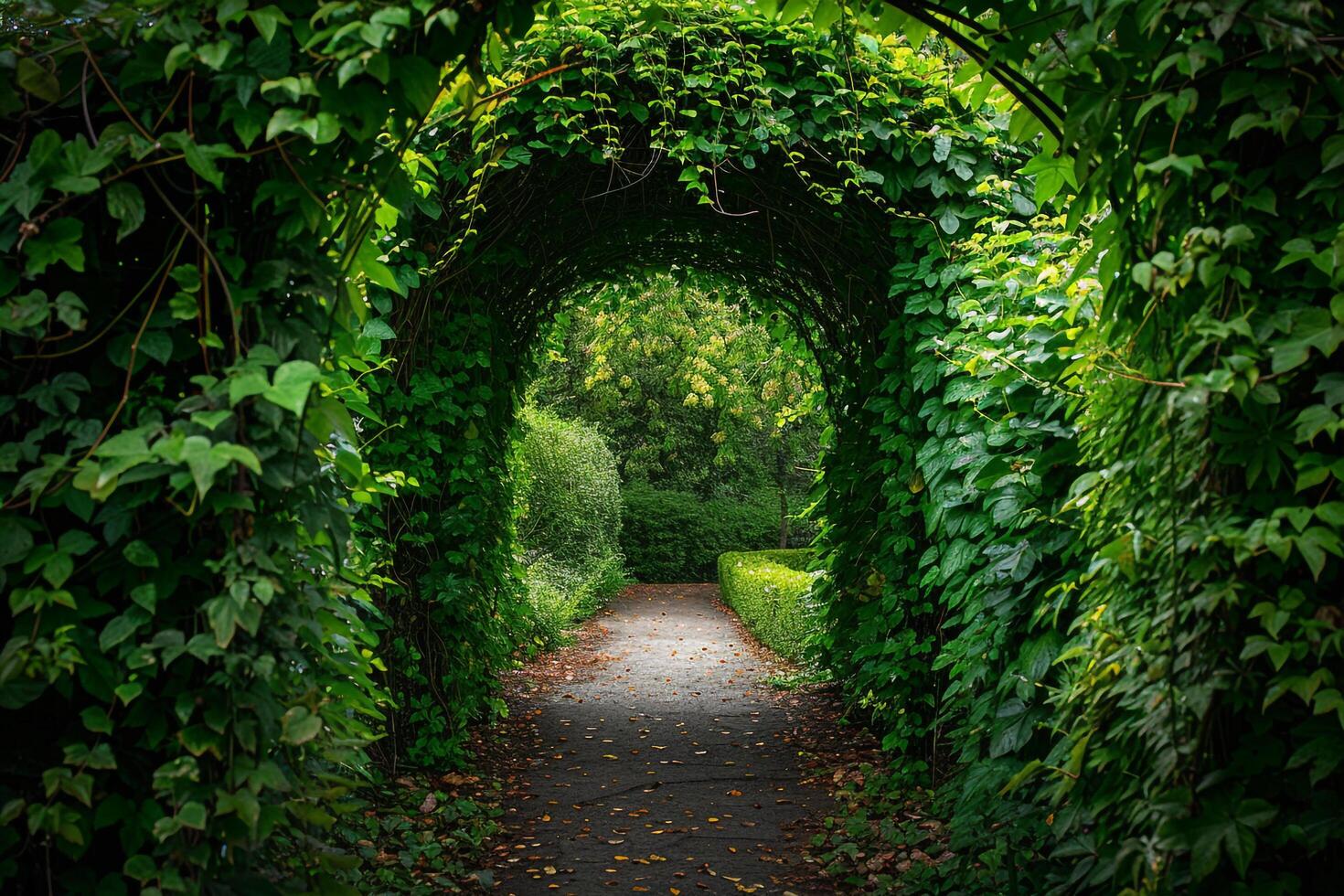 An enchanting garden archway covered in ivy and leaves nature background photo