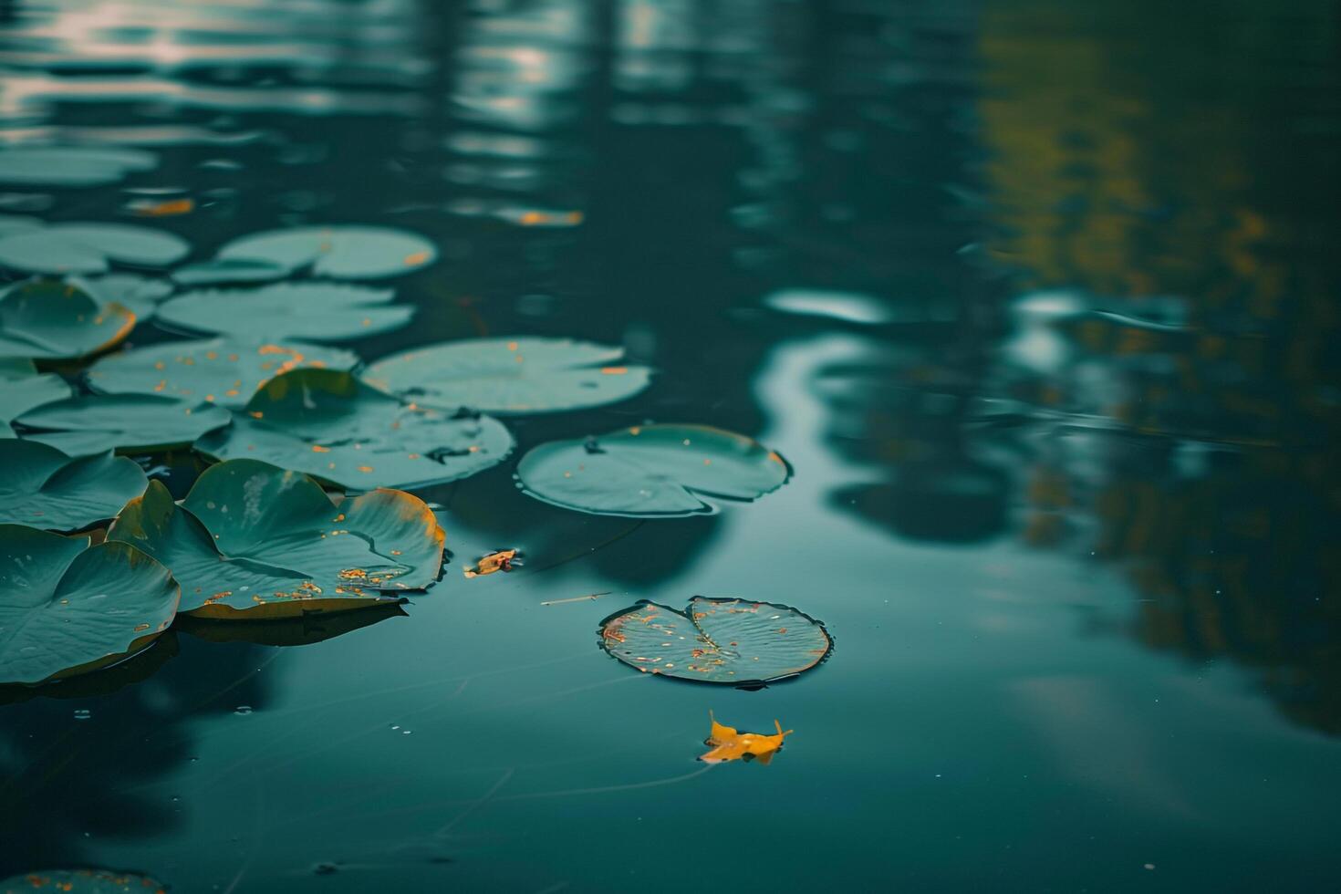 Peaceful lakeside with lily pads and leaves floating on the surface nature background photo