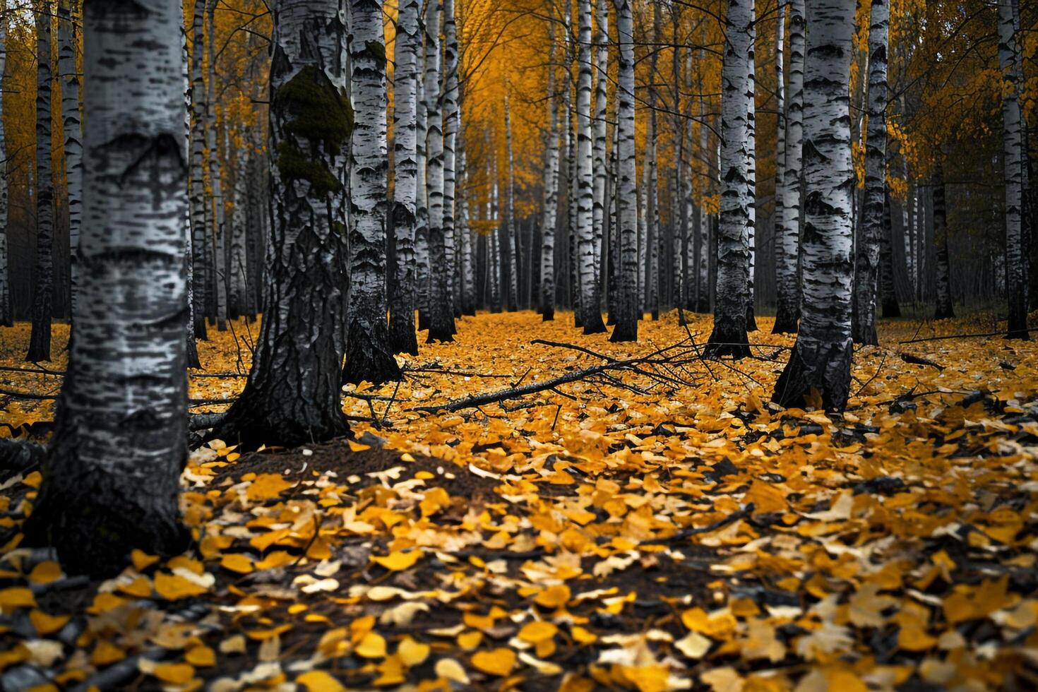 Peaceful grove of birch trees with fallen yellow leaves carpeting the ground nature background photo